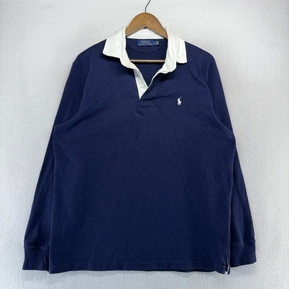 Ralph Lauren Rugby Shirt Mens Large Blue Classic Cotton Preppy Knit Ivy Pony